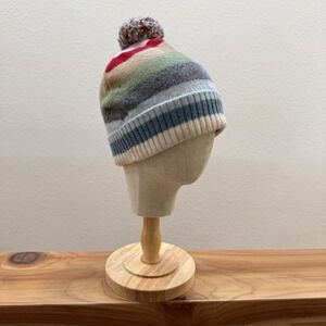 Old Navy‎ 100% Lambswool Pom Pom Striped Knit Multicolor Beanie Hat One Size